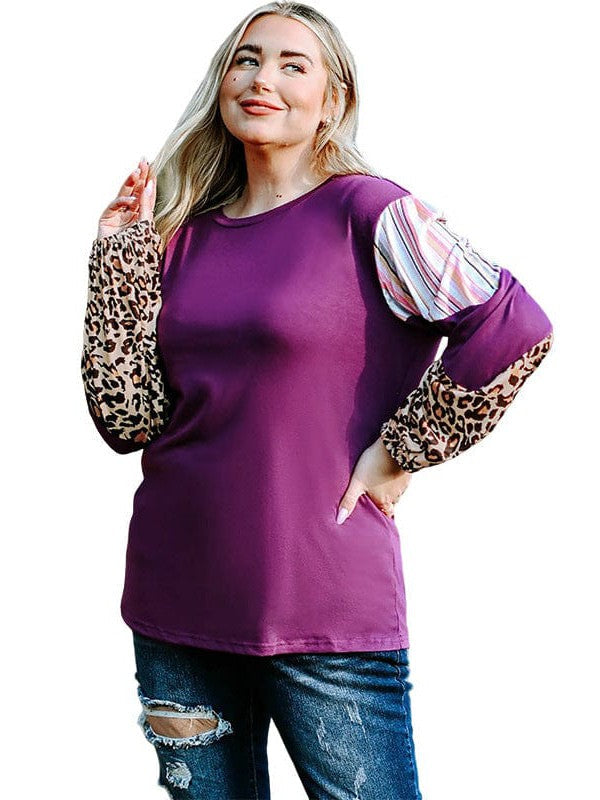 Leopard Print Lantern Sleeve Plus Size Sweatshirt for Women