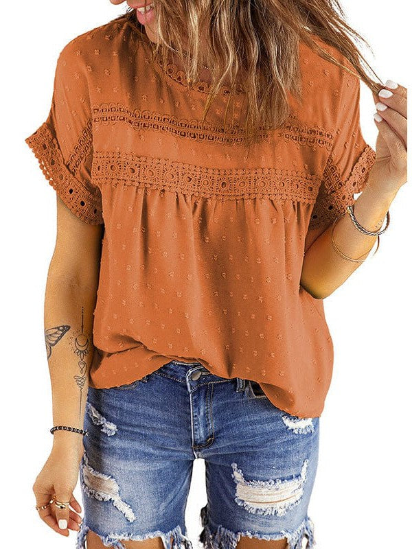 Solid Color Short Sleeve Lace Chiffon Top with Round Neck for Women's Comfort