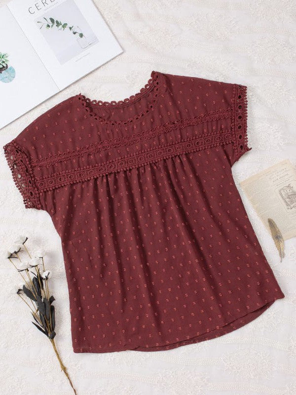 Solid Color Short Sleeve Lace Chiffon Top with Round Neck for Women's Comfort
