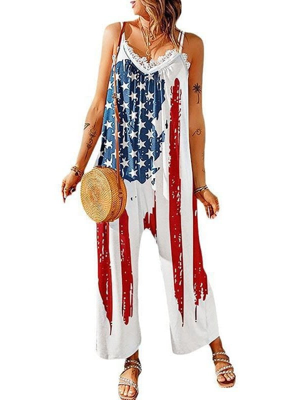 American Flag Print Sleeveless Jumpsuit for Women
