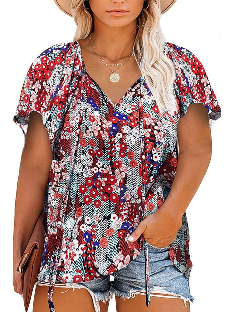 Chiffon V-Neck Floral Print Plus Size Top for Women