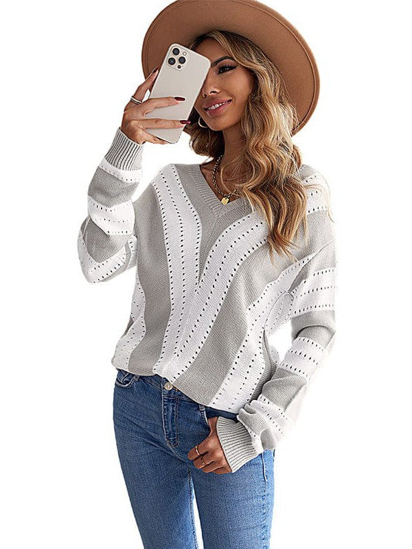 Simple Striped Knit Outerwear for Women with Long Sleeves and Contrast Bottom Detail