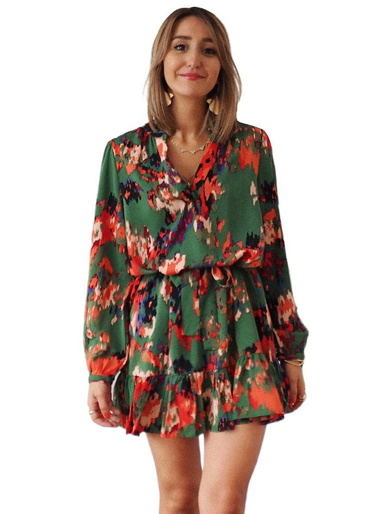Abstract floral chiffon dress with v-neck and ruffled sleeves for women