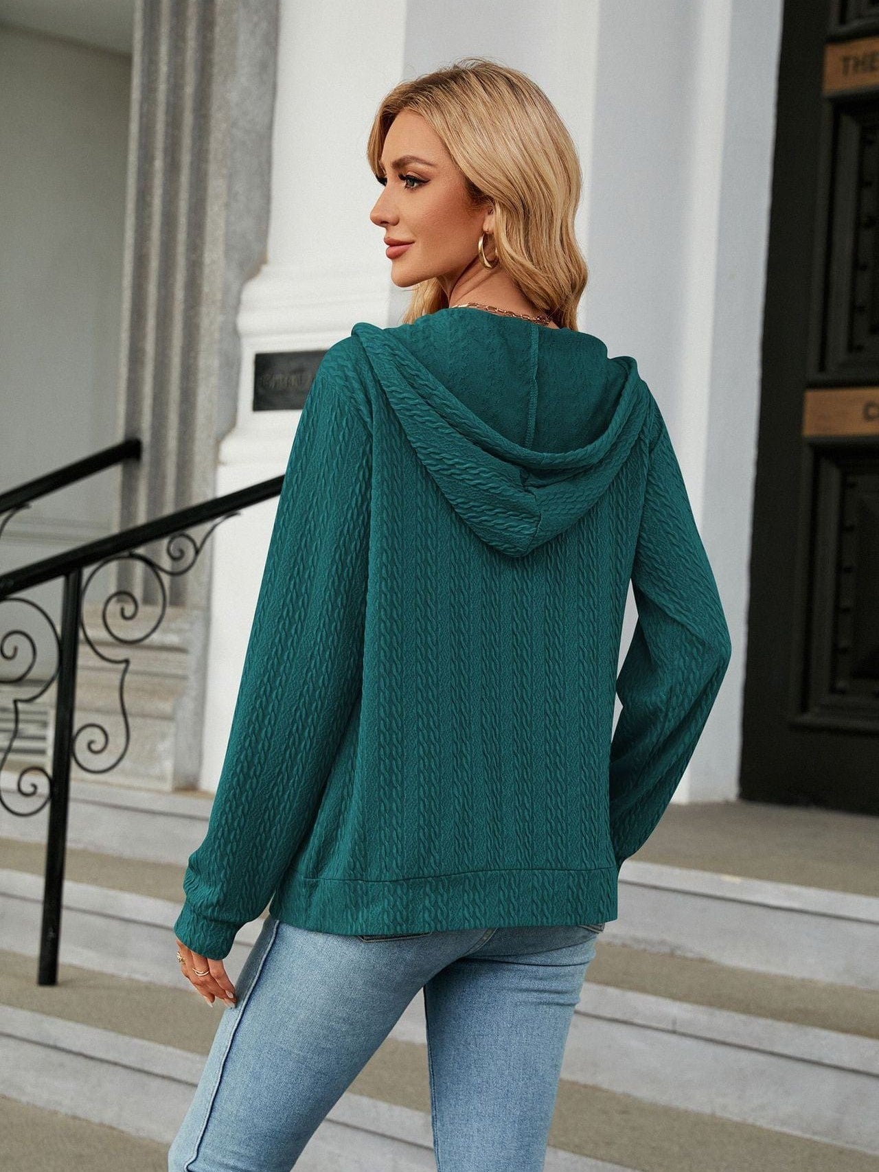Zippered hooded drawstring sweatshirt knitted jacket