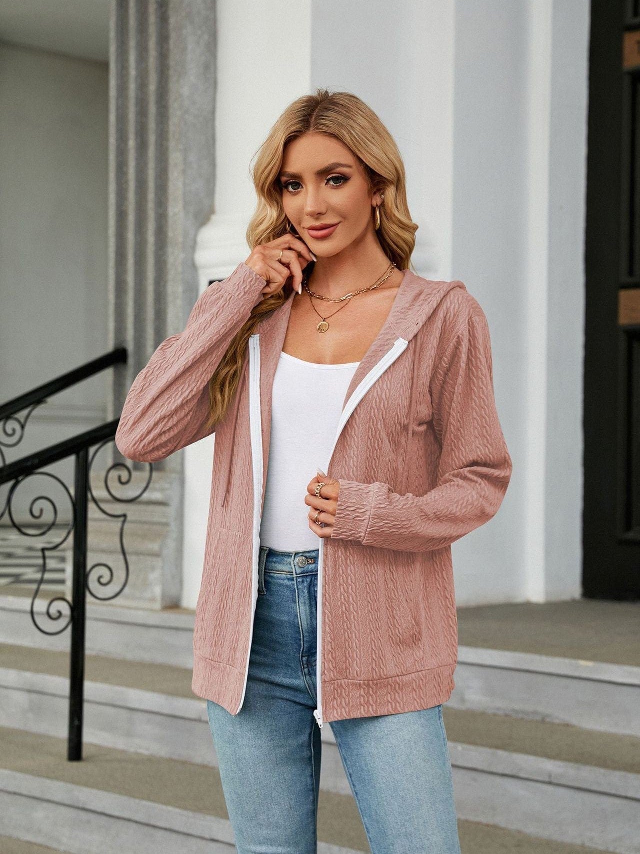Zippered hooded drawstring sweatshirt knitted jacket