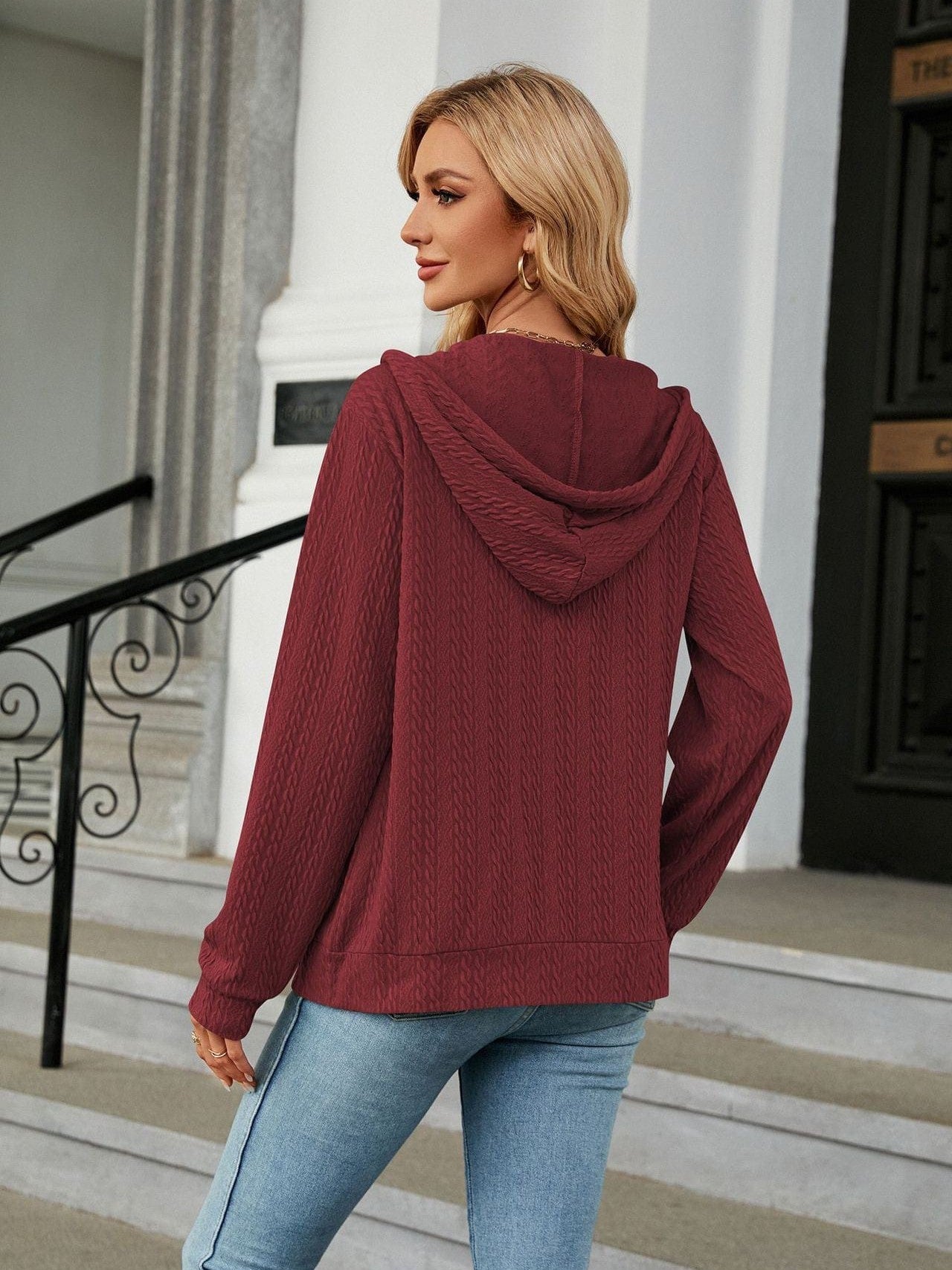 Zippered hooded drawstring sweatshirt knitted jacket