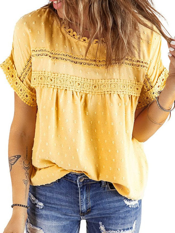 Solid Color Short Sleeve Lace Chiffon Top with Round Neck for Women's Comfort