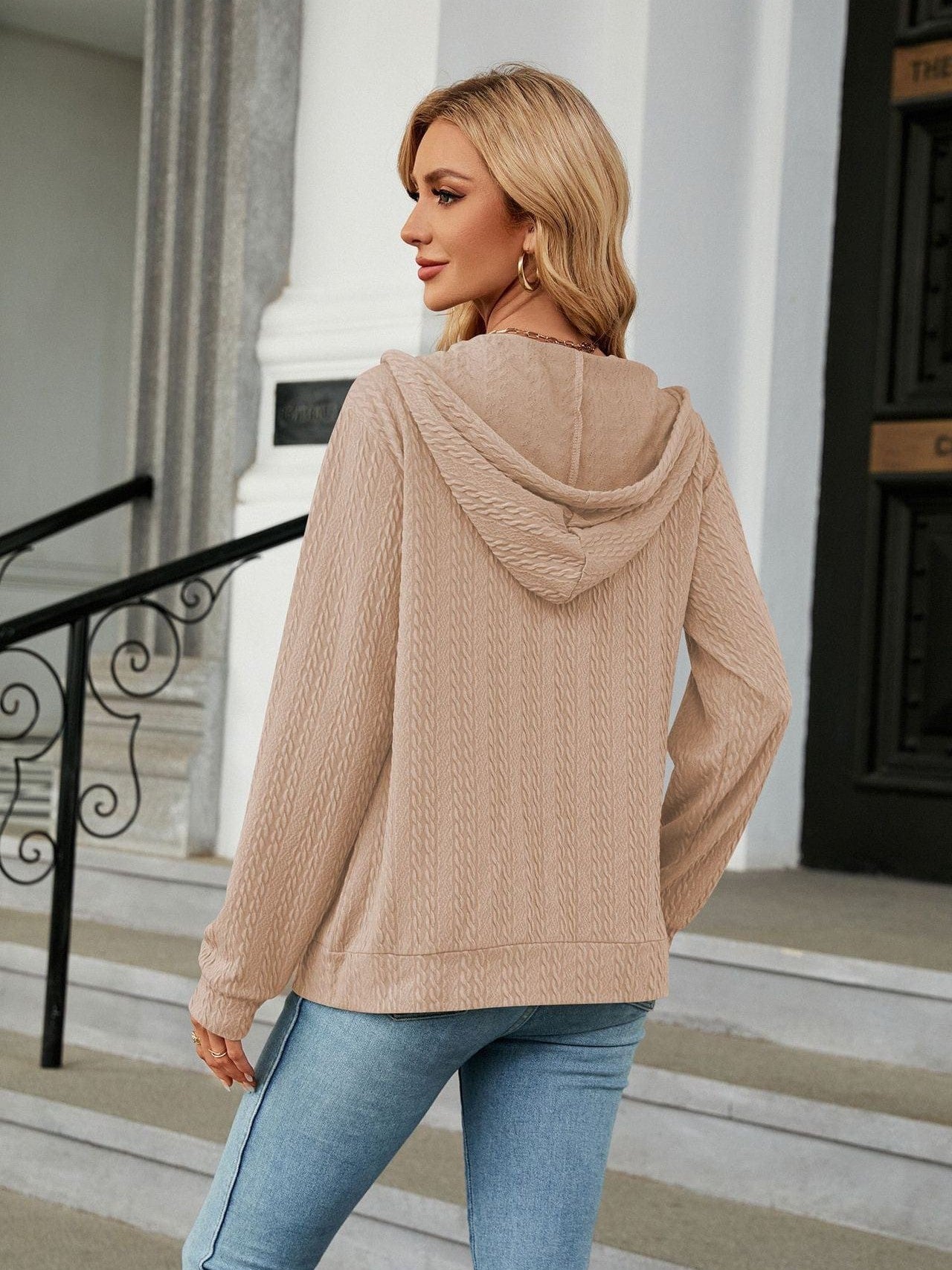 Zippered hooded drawstring sweatshirt knitted jacket