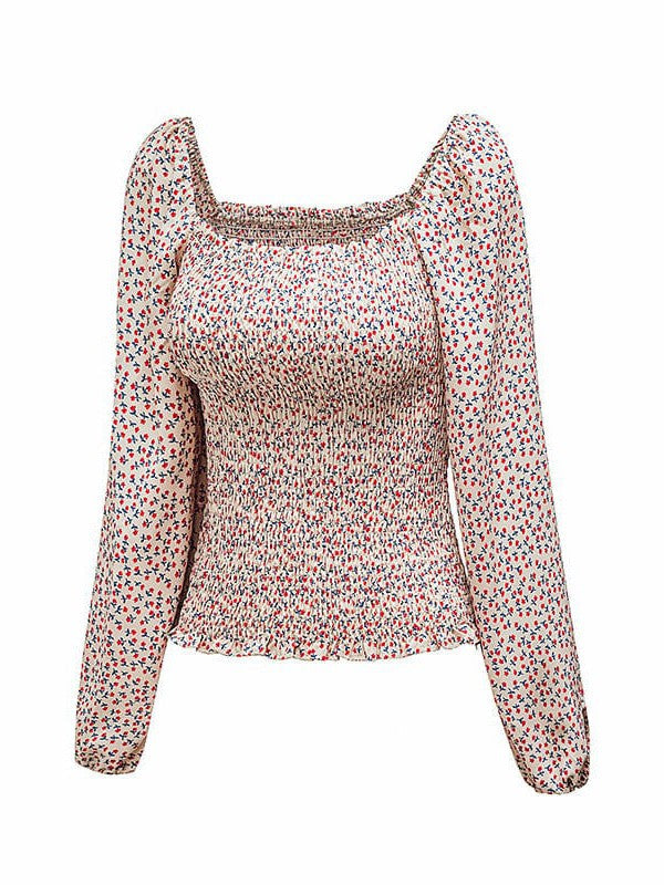 Square Neck Pullover Women's Lantern Sleeve Top with Waist Slimming Design