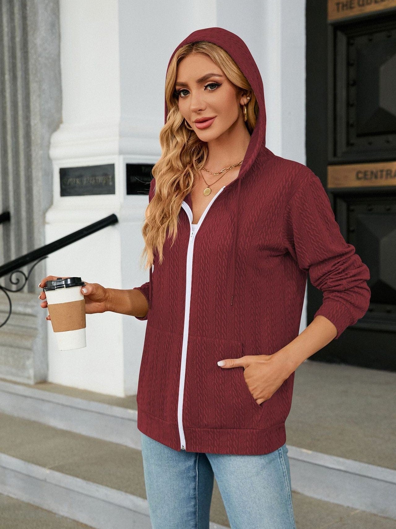Zippered hooded drawstring sweatshirt knitted jacket