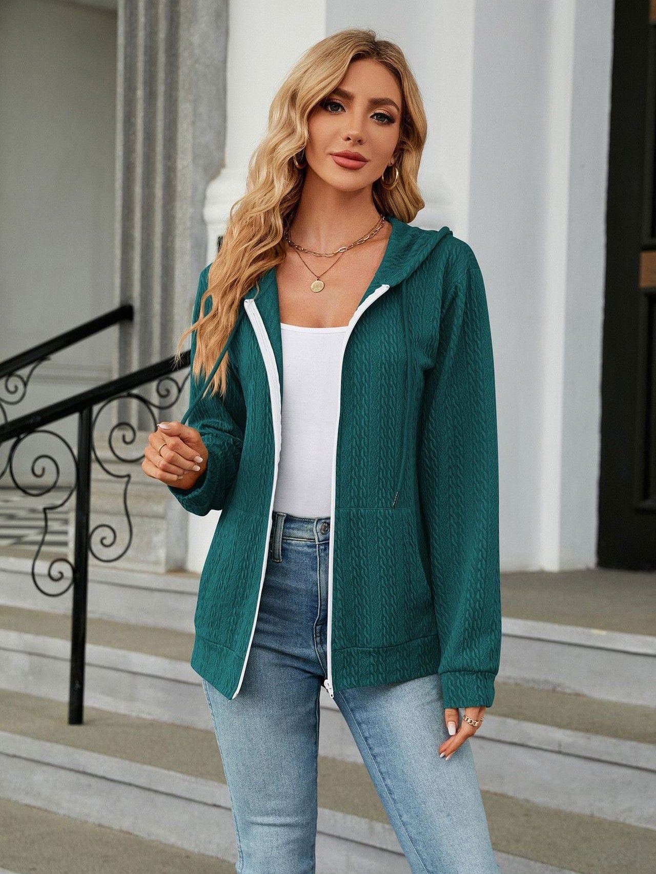 Zippered hooded drawstring sweatshirt knitted jacket