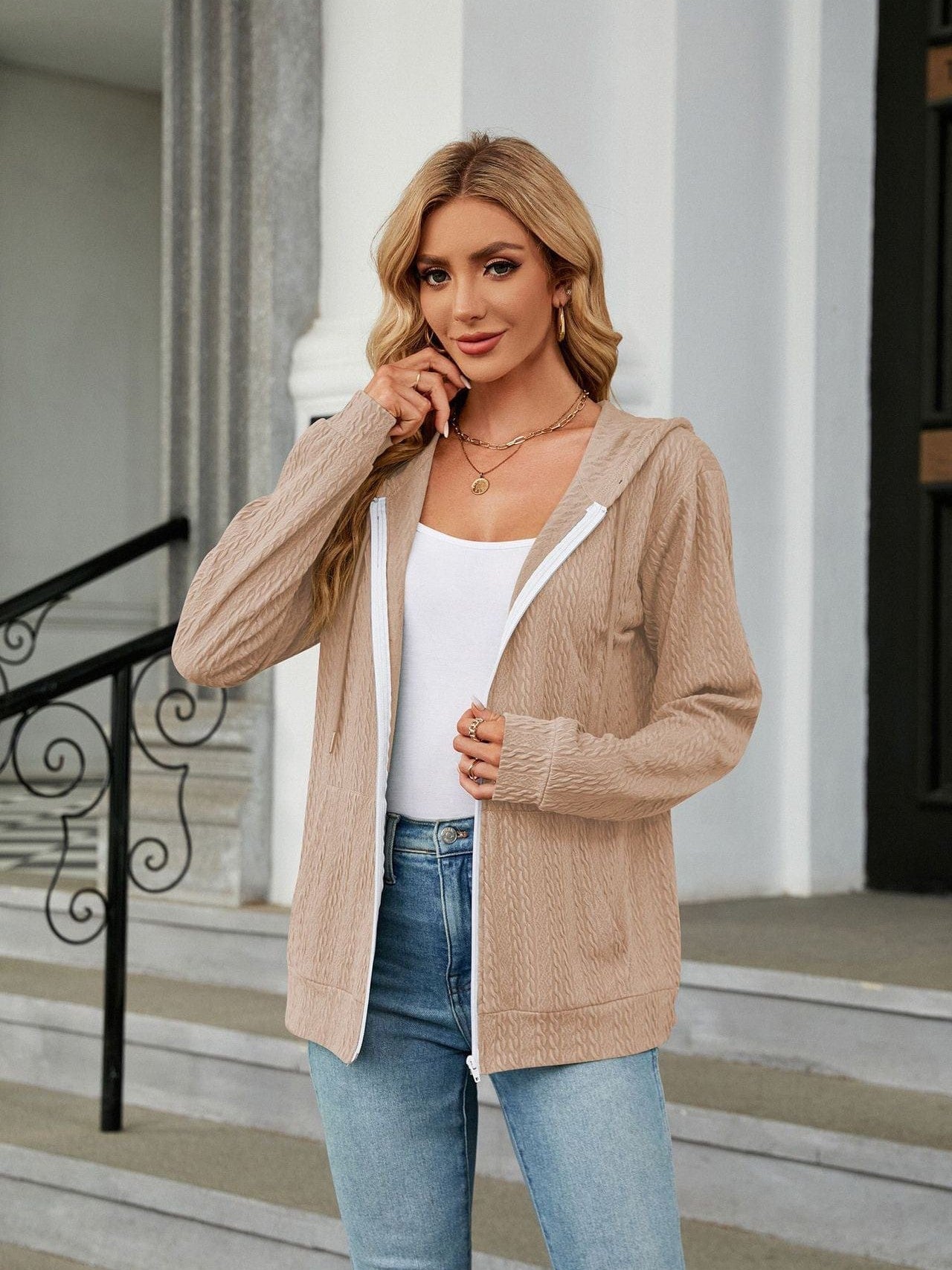 Zippered hooded drawstring sweatshirt knitted jacket