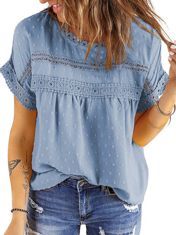 Solid Color Short Sleeve Lace Chiffon Top with Round Neck for Women's Comfort