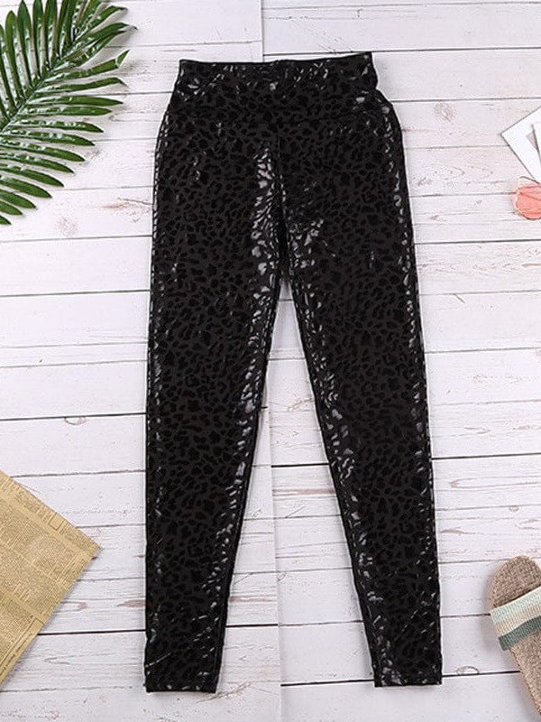 Stretchy Women's PU Leather Animal Print Nine-Point Leggings with Slim Fit Street Style