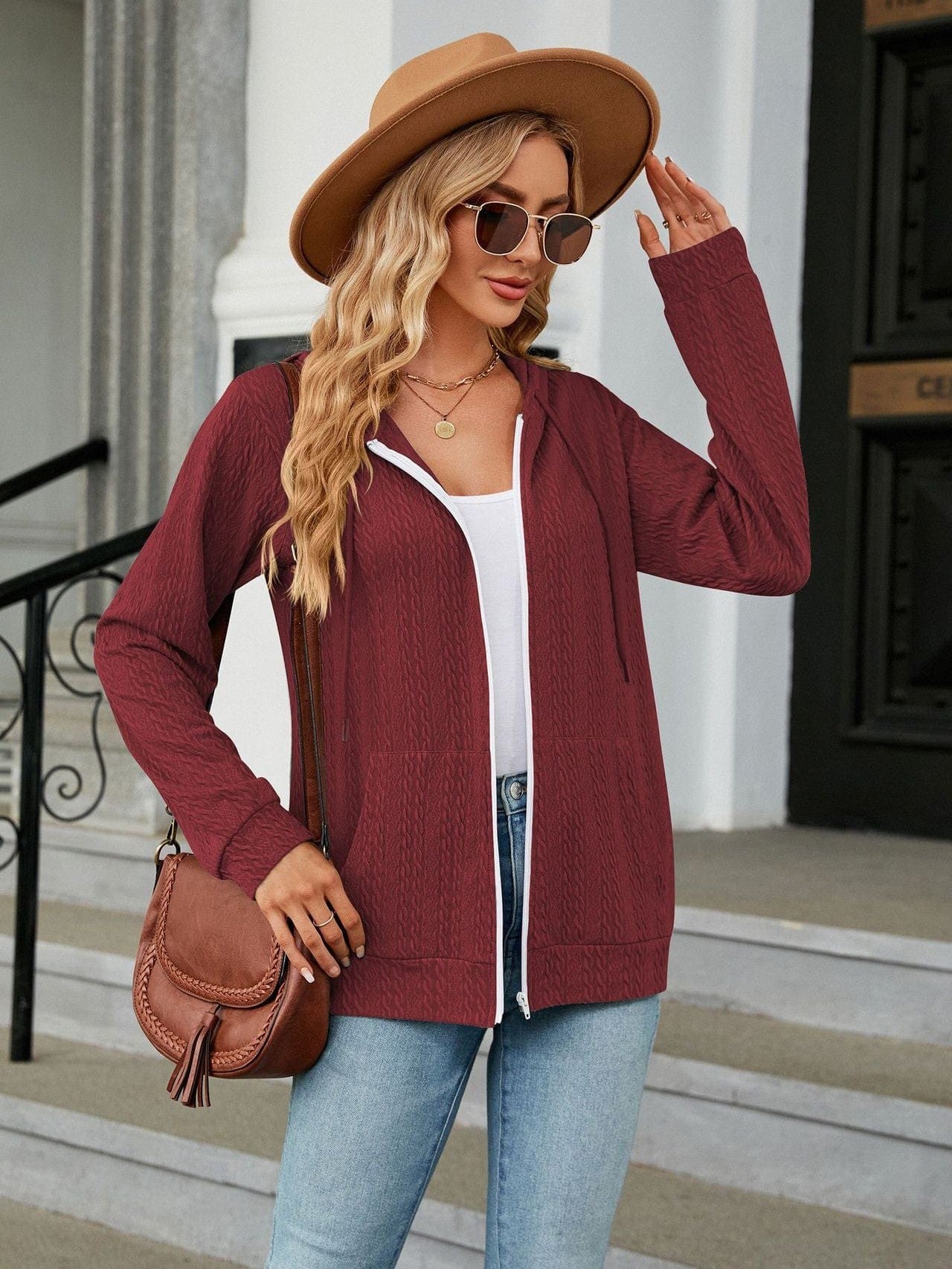 Zippered hooded drawstring sweatshirt knitted jacket