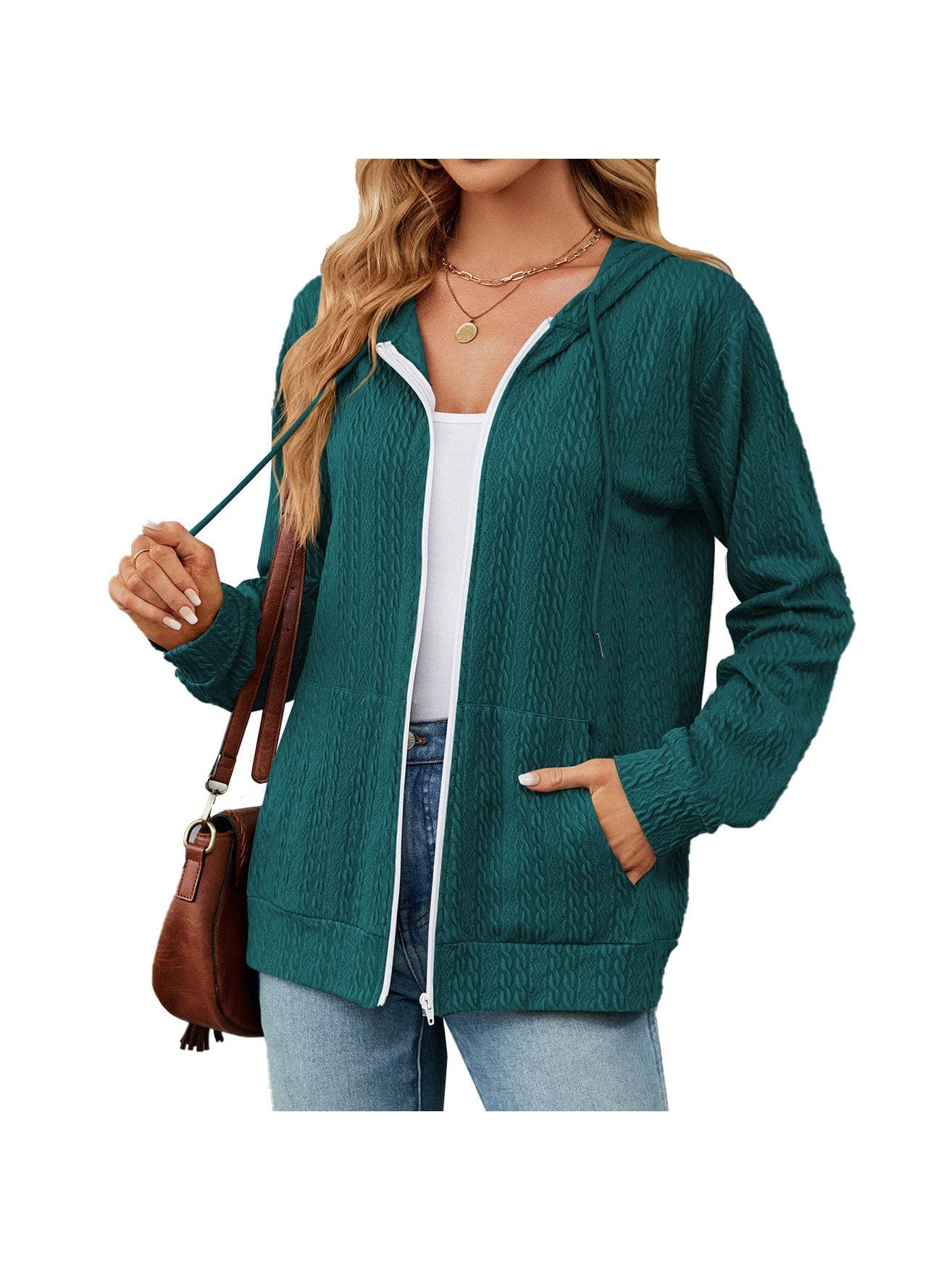 Zippered hooded drawstring sweatshirt knitted jacket