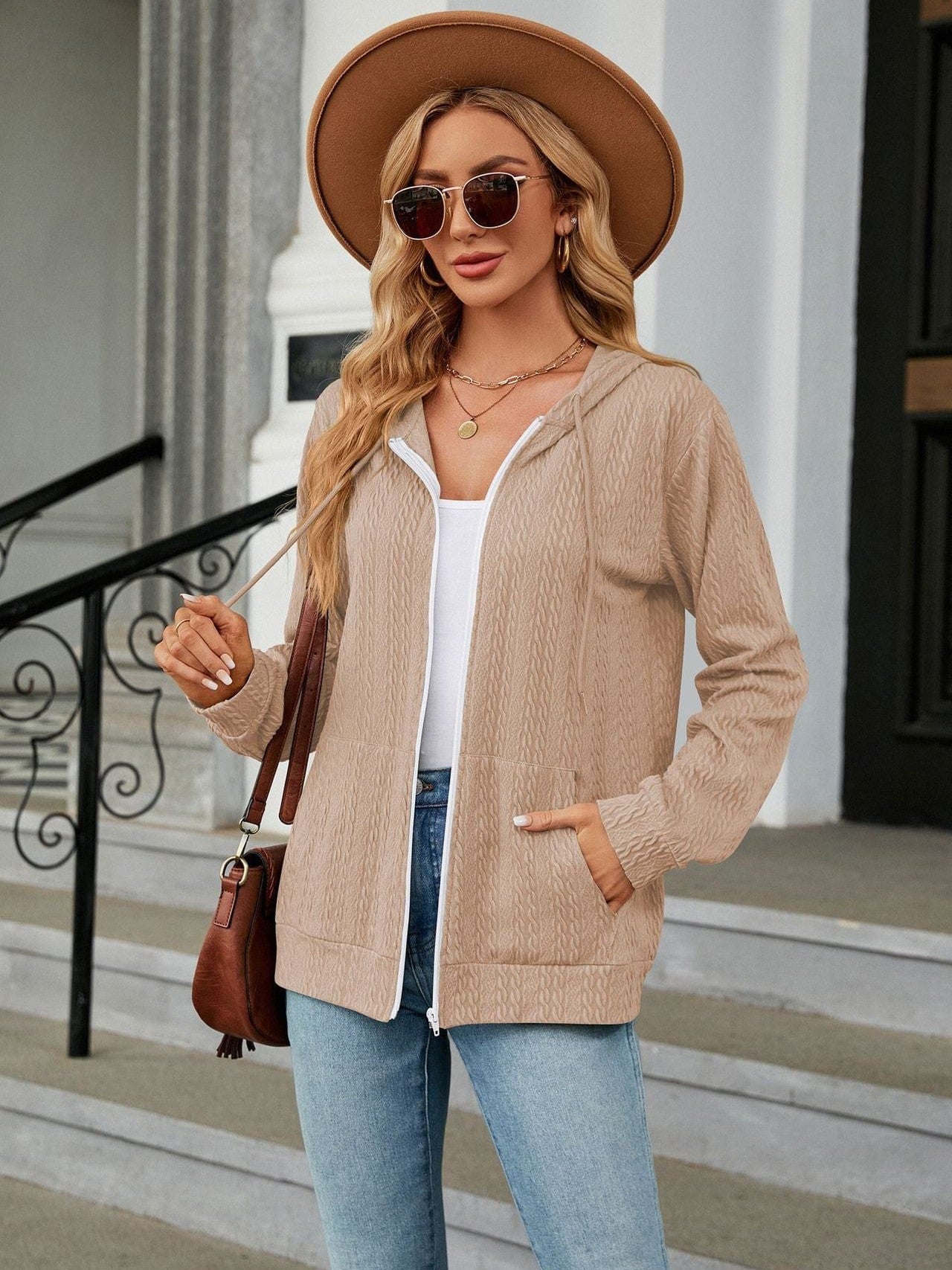 Zippered hooded drawstring sweatshirt knitted jacket