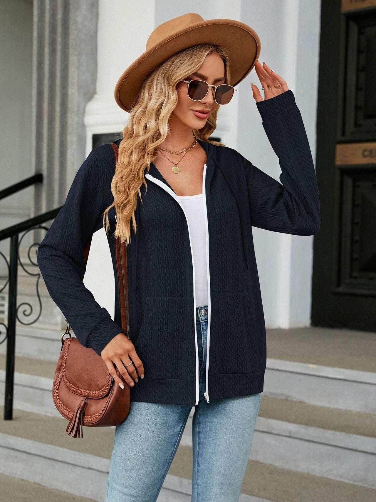 Zippered hooded drawstring sweatshirt knitted jacket