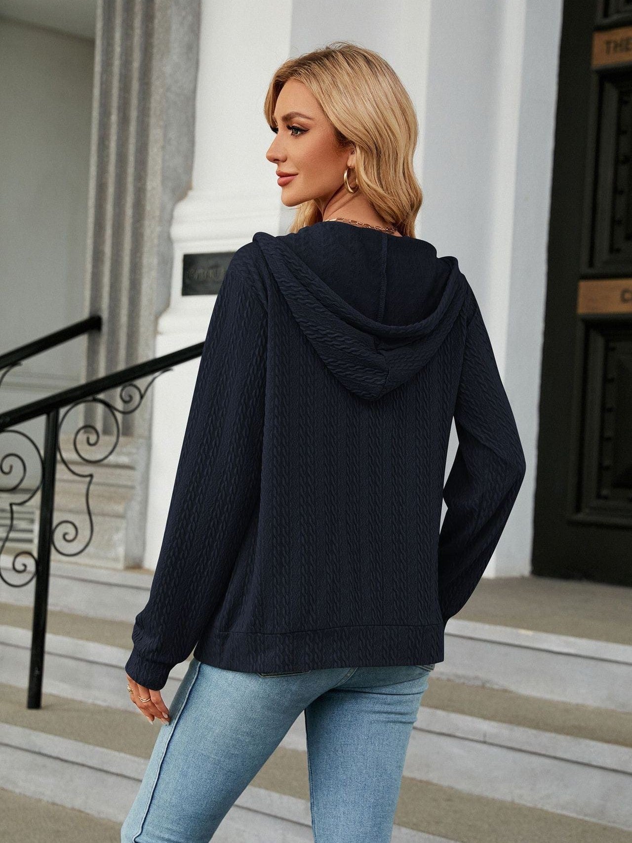 Zippered hooded drawstring sweatshirt knitted jacket