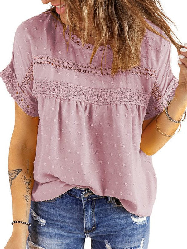 Solid Color Short Sleeve Lace Chiffon Top with Round Neck for Women's Comfort