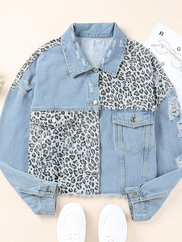 Leopard Print Casual Denim Jacket for Plus Size Women with Stylish Details