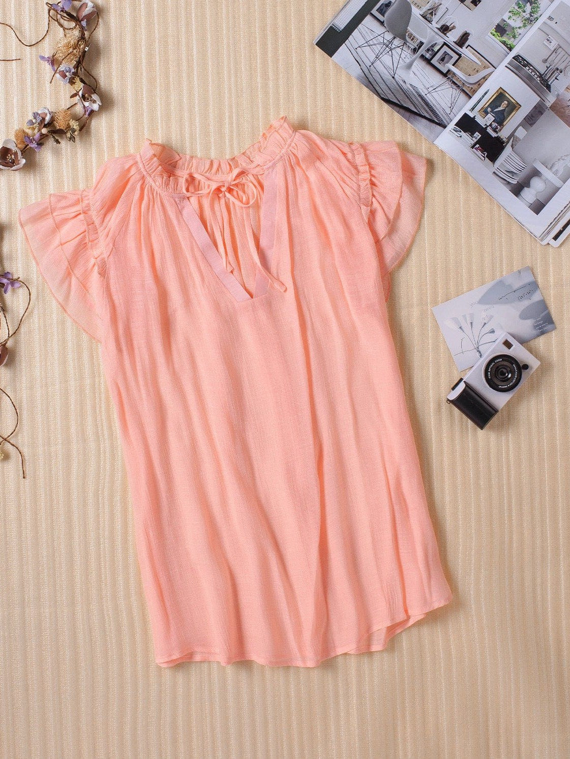 V-Neck Puff Sleeve Cotton Blend Top with Short Sleeves