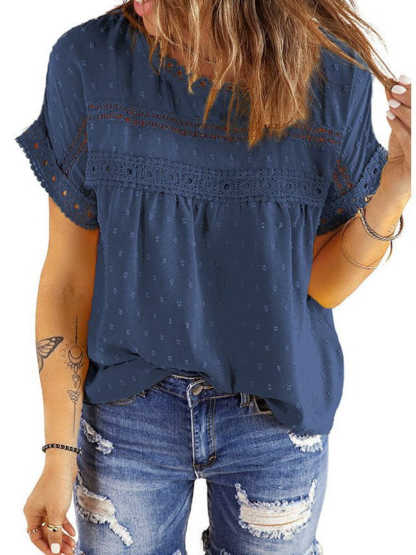 Solid Color Short Sleeve Lace Chiffon Top with Round Neck for Women's Comfort