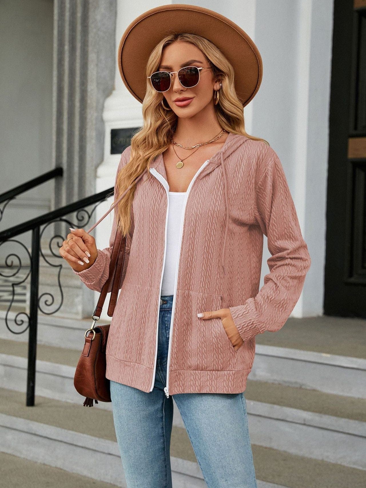 Zippered hooded drawstring sweatshirt knitted jacket
