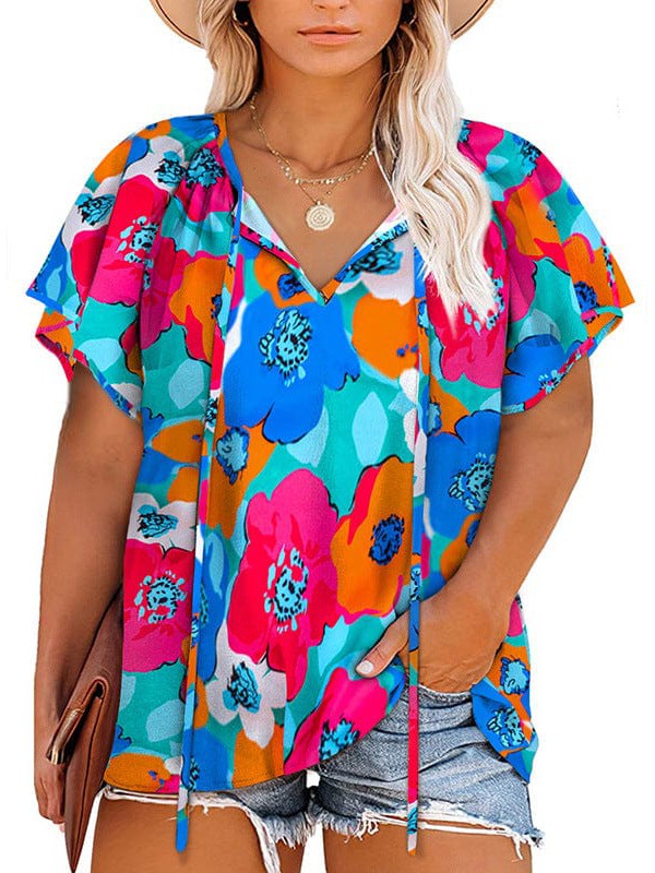 Chiffon V-Neck Floral Print Plus Size Top for Women