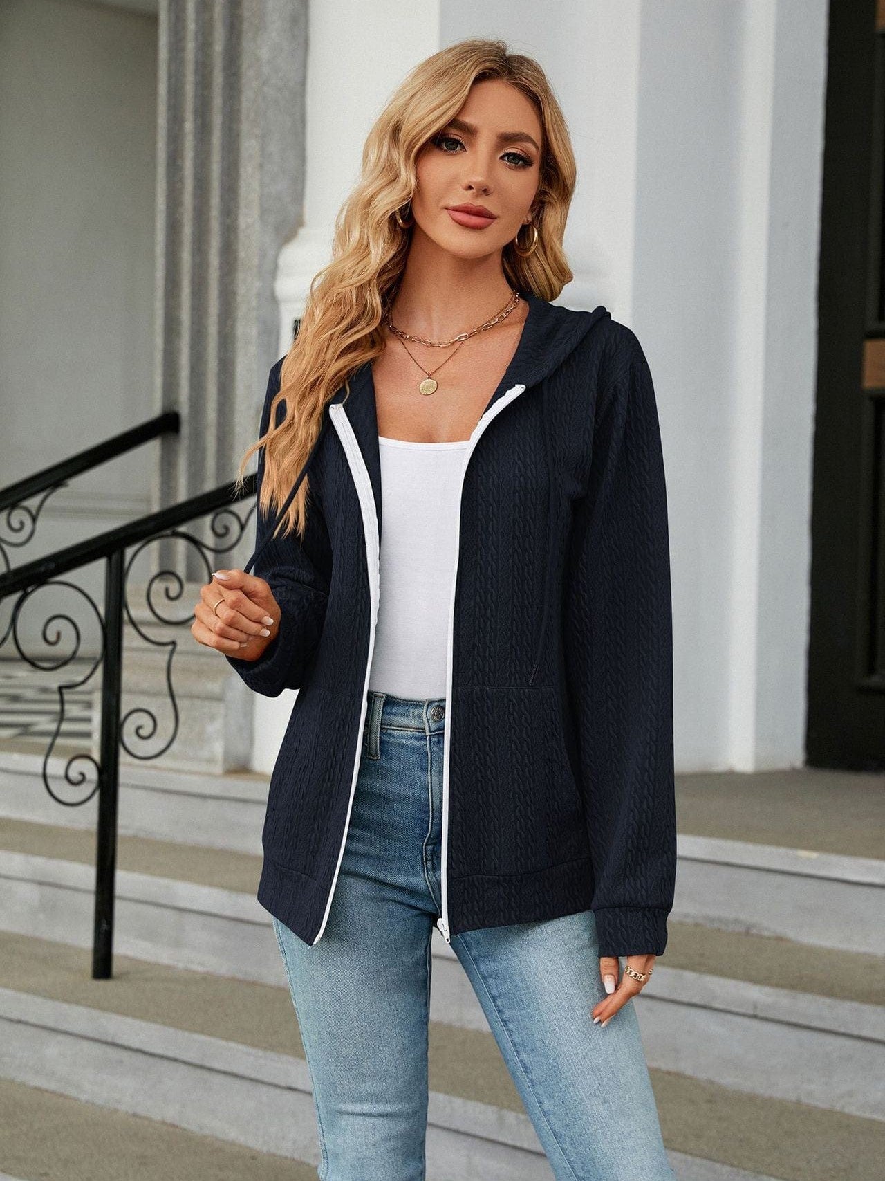 Zippered hooded drawstring sweatshirt knitted jacket