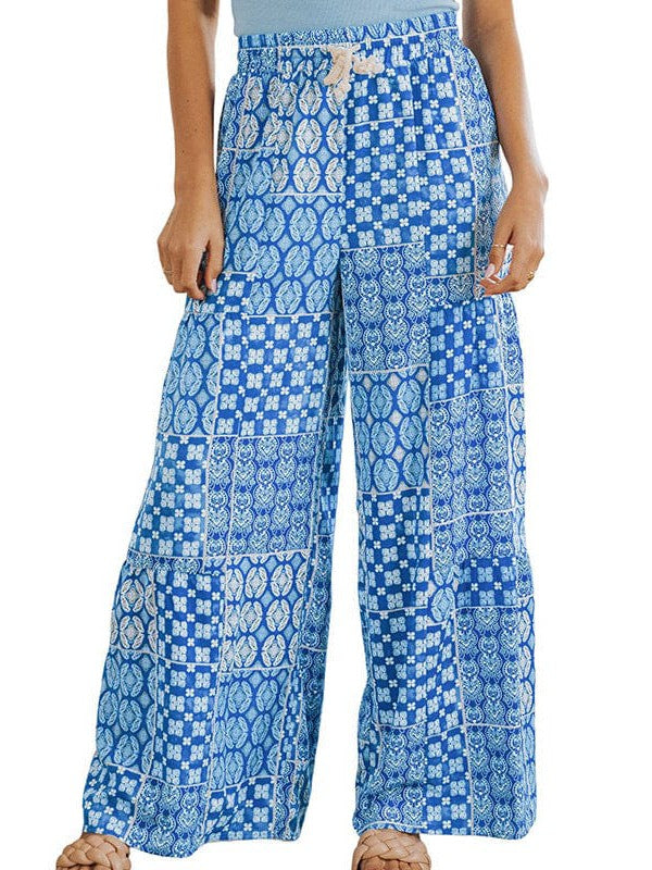 Drawstring High-Waisted Casual Trousers with Wide-Leg Print