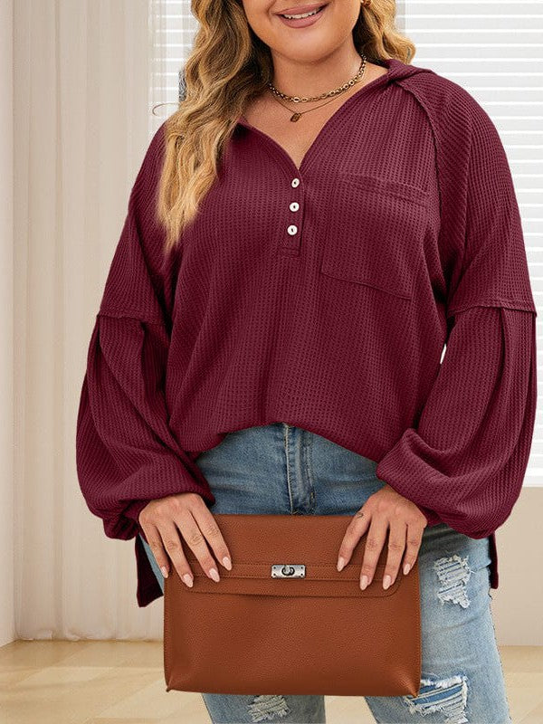 Plus Size Waffle Hooded Pullover Sweatshirt for Women