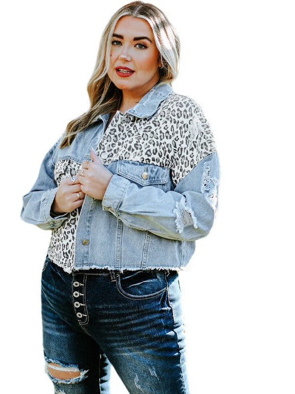 Leopard Print Casual Denim Jacket for Plus Size Women with Stylish Details