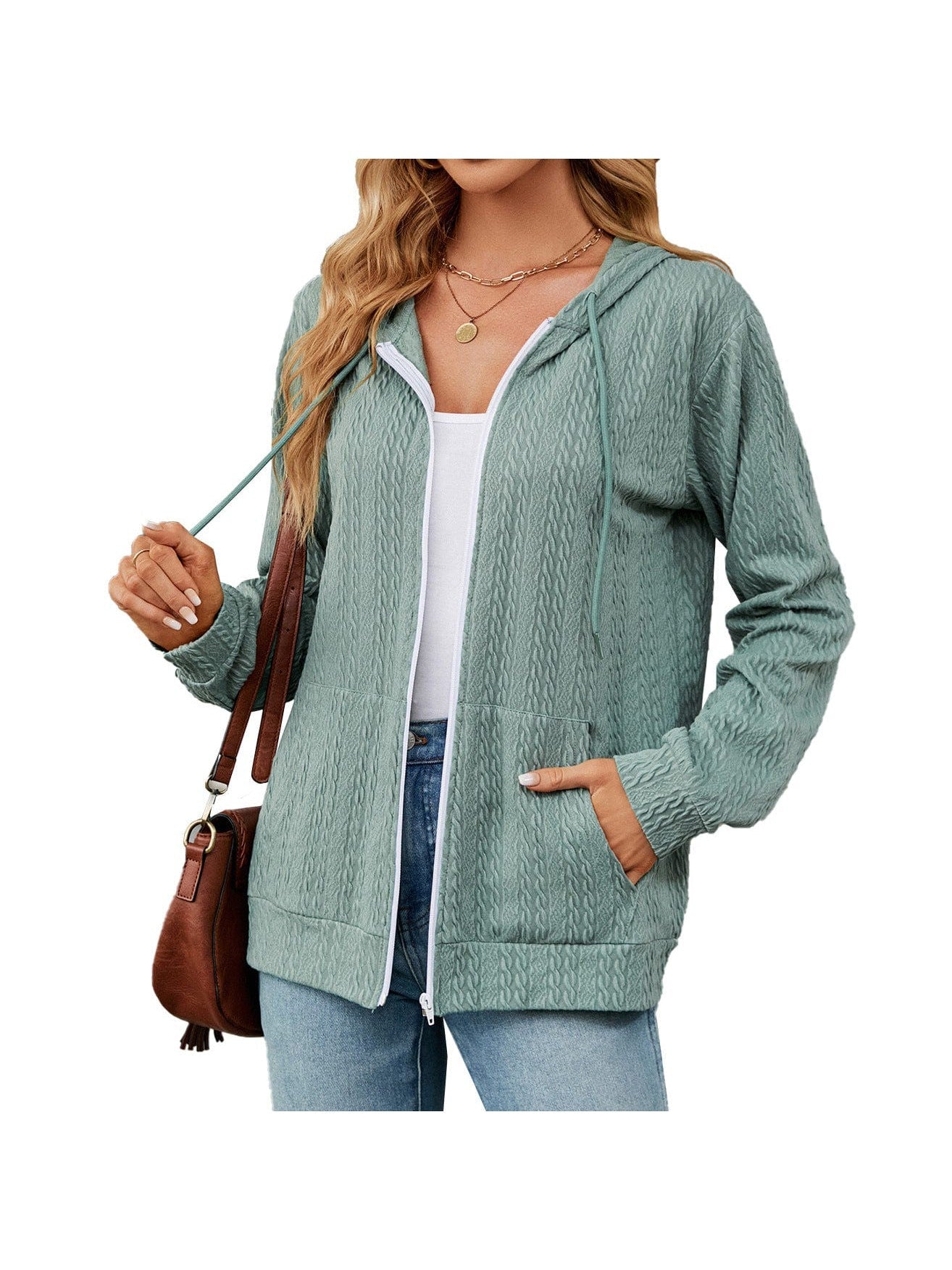 Zippered hooded drawstring sweatshirt knitted jacket