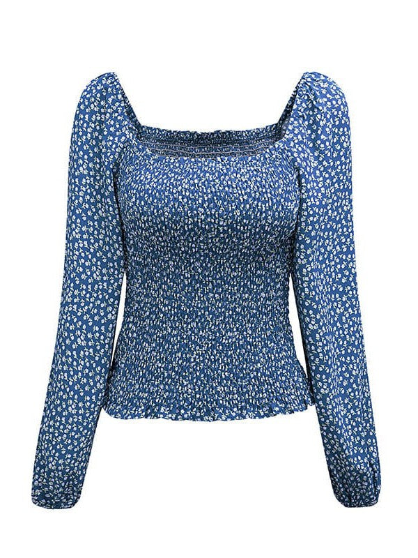 Square Neck Pullover Women's Lantern Sleeve Top with Waist Slimming Design