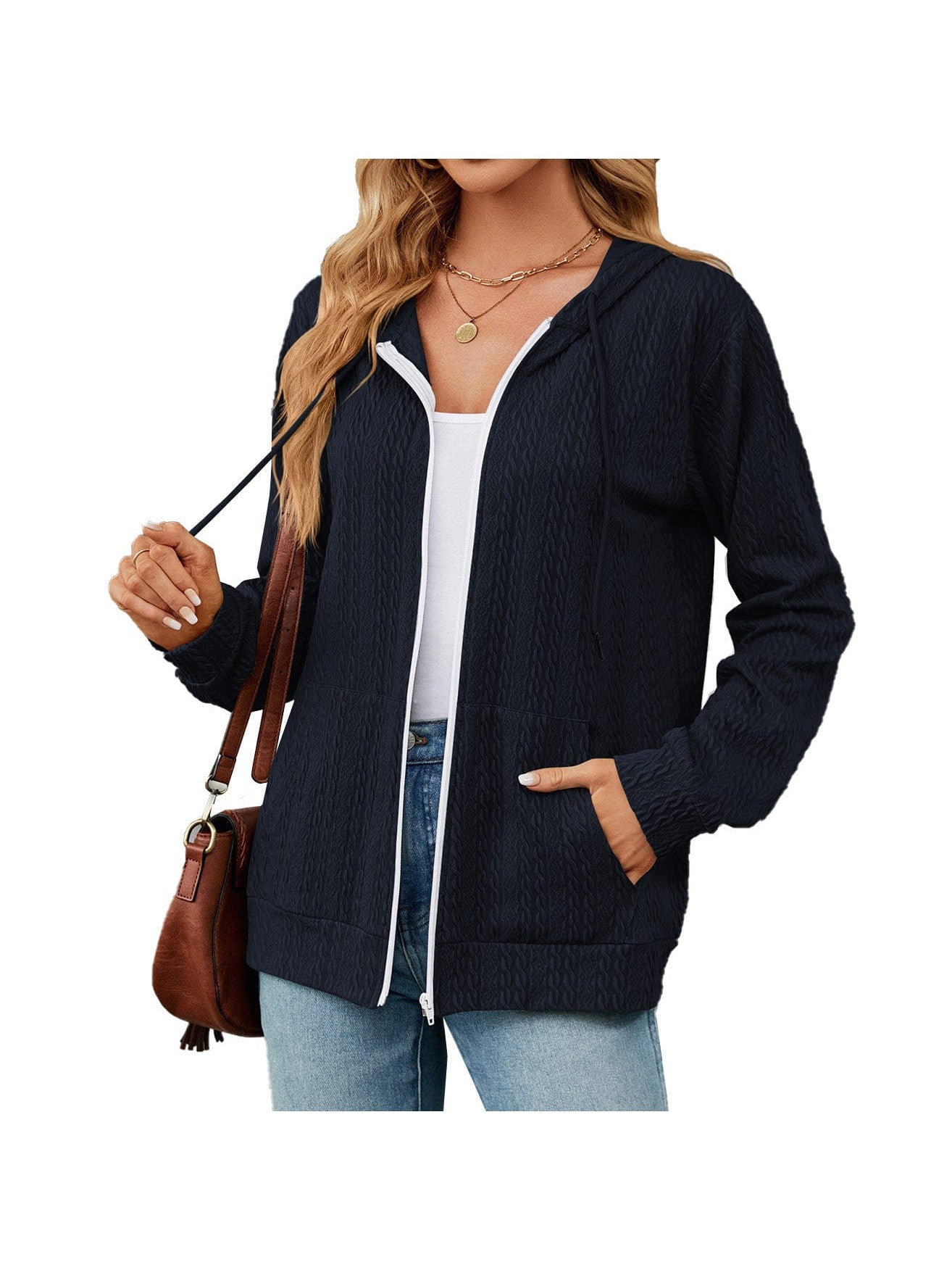 Zippered hooded drawstring sweatshirt knitted jacket