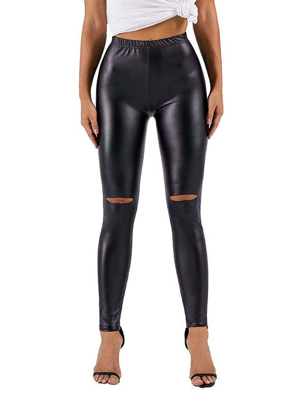 Stretchy Women's PU Leather Animal Print Nine-Point Leggings with Slim Fit Street Style