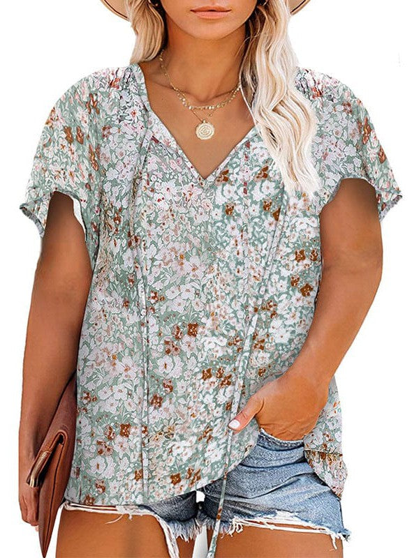 Chiffon V-Neck Floral Print Plus Size Top for Women