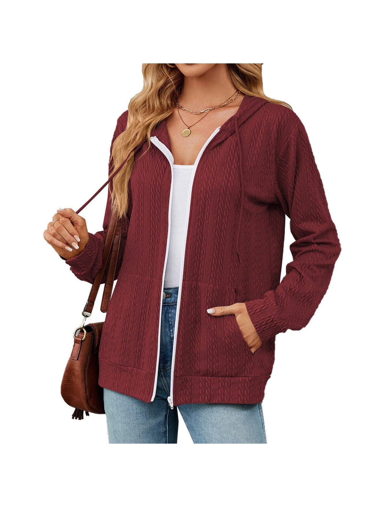 Zippered hooded drawstring sweatshirt knitted jacket