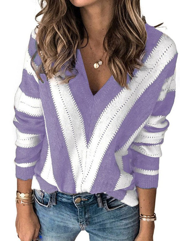 Simple Striped Knit Outerwear for Women with Long Sleeves and Contrast Bottom Detail