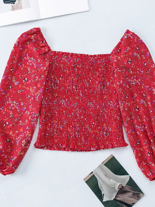 Square Neck Pullover Women's Lantern Sleeve Top with Waist Slimming Design