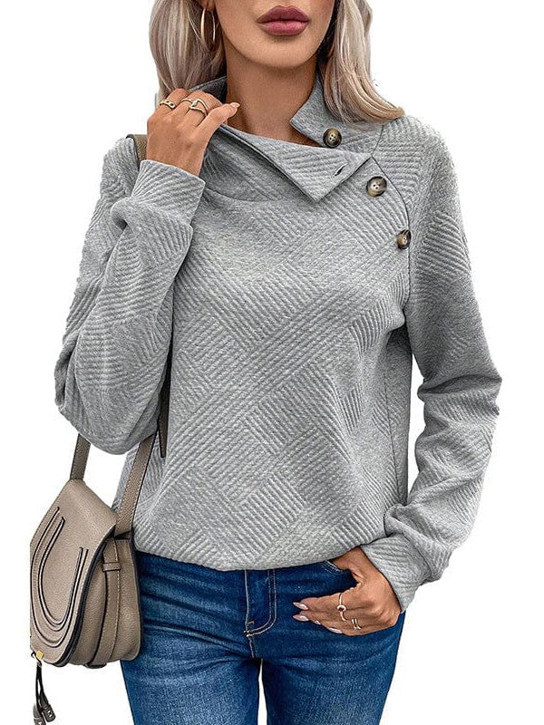 Asymmetric Collar Women's Pullover Sweatshirt with Button Embellishment