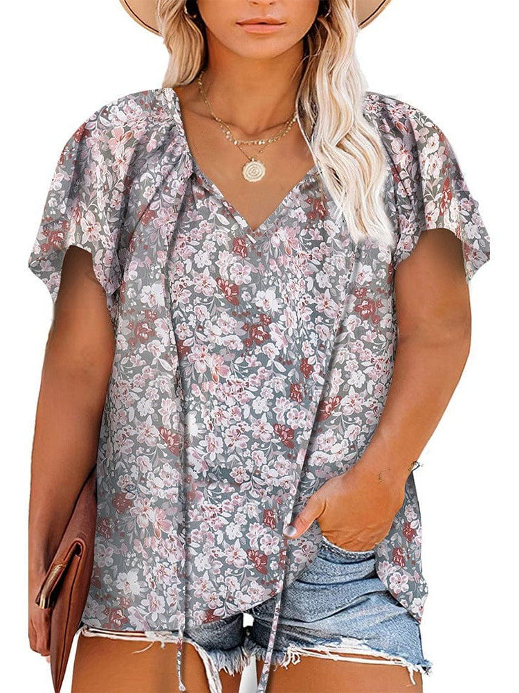 Chiffon V-Neck Floral Print Plus Size Top for Women