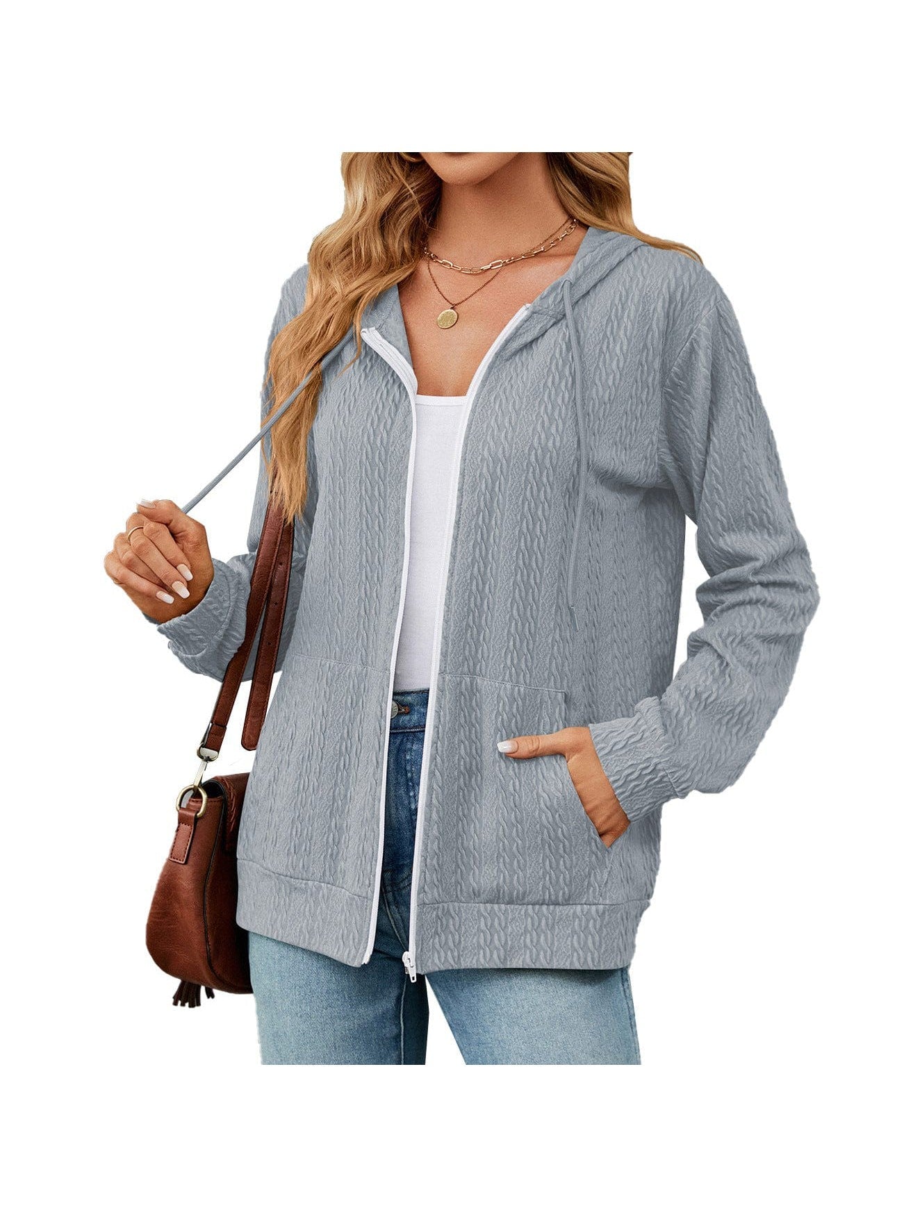 Zippered hooded drawstring sweatshirt knitted jacket