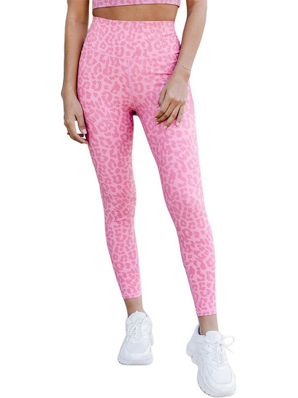 Women's Pink Leopard Print Yoga Leggings - High Waist Slim Fit Nine Point Pants