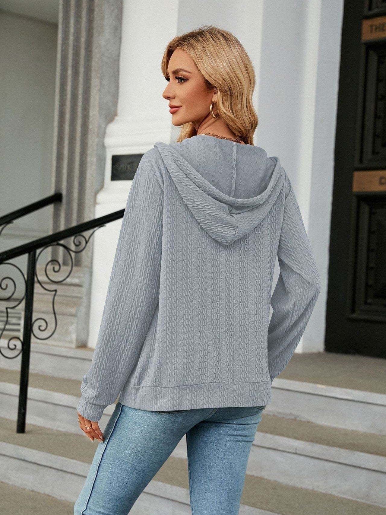 Zippered hooded drawstring sweatshirt knitted jacket