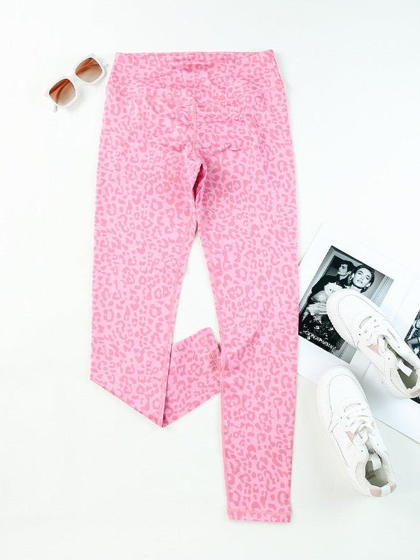Women's Pink Leopard Print Yoga Leggings - High Waist Slim Fit Nine Point Pants