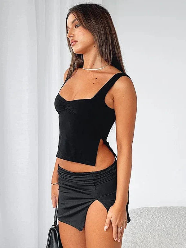 Vintage Square Neck Slit Hem Backless Cropped Tank Top