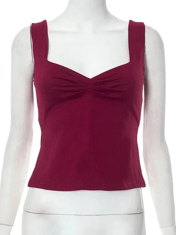 Vintage Square Neck Slit Hem Backless Cropped Tank Top