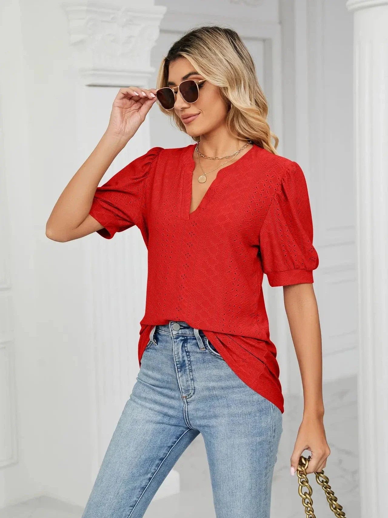 Summer New Clothing Casual Top for Women V-neck Shirts for Women Solid Color Hollow Bubble Sleeve Loose T Shirt Women Tops